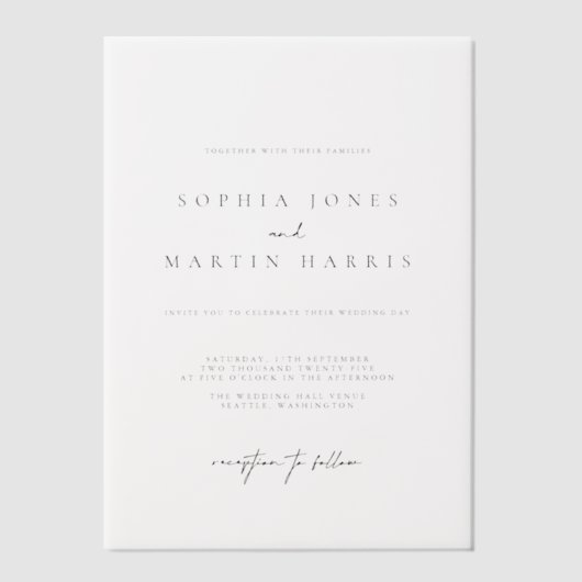 エレガント白黒ミニマル結婚リスト ベラム紙招待状 (正面)