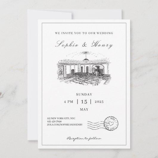 エレガント白黒ミニマル結婚リスト 招待状 (正面)