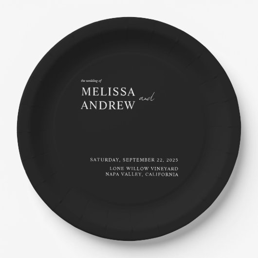 エレガント白黒ミニマ結婚リスト ペーパープレート (正面)