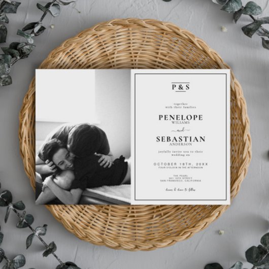 エレガント白黒モノグラム写結婚真 招待状