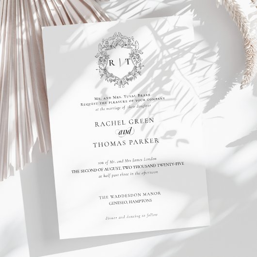 エレガント白黒モノグラム書結婚道 招待状