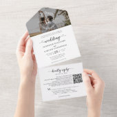 エレガント白黒モノグラムQRコードフォト結婚ズ オールインワン招待状 (貼ってはがせる)