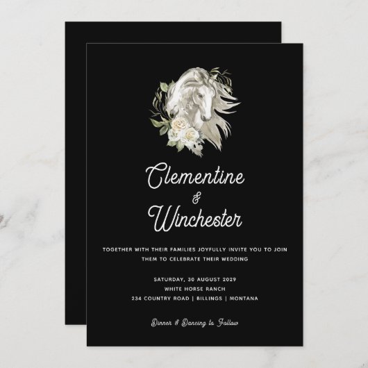 エレガント白黒ランチフローラ結婚ホース 招待状 (正面/裏面)