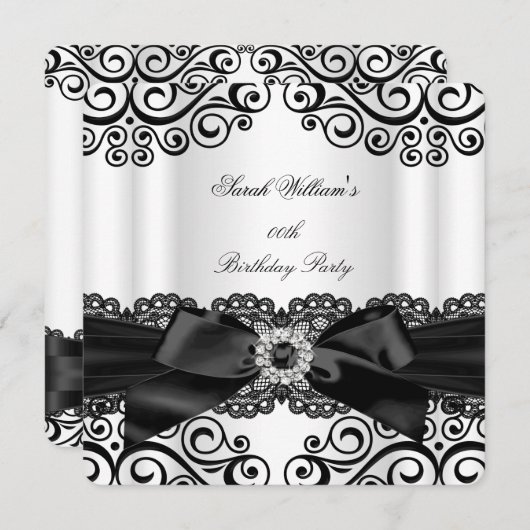 エレガント白黒レースボウバースデーパーティー 招待状 (正面/裏面)