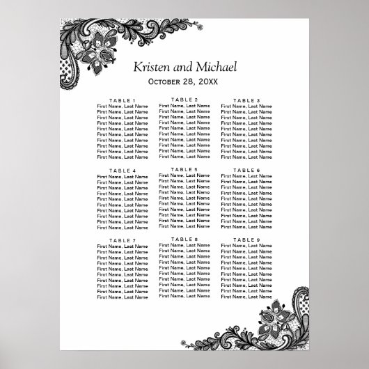 エレガント白黒レ結婚ース座席表 ポスター (正面)