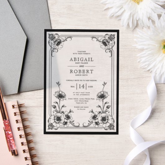 エレガント白黒ヴィンテージフローラフレ結婚ーム ベラム紙招待状 (ウェディング)