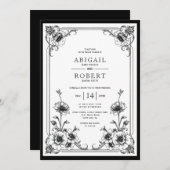 エレガント白黒ヴィンテージフローラフレ結婚ーム 招待状 (正面/裏面)