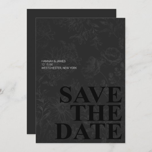 エレガント白黒ヴィンテージフローラ日付の保存 招待状 (正面/裏面)