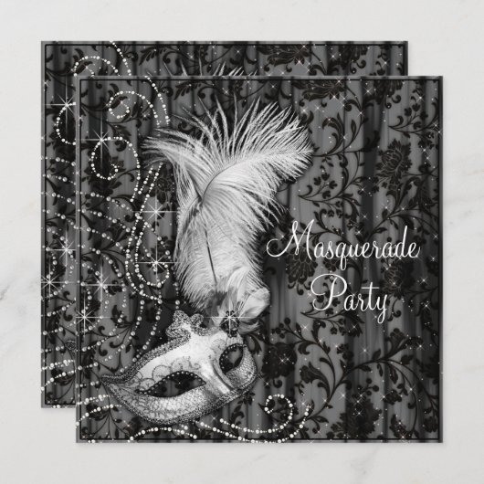 エレガント白黒仮装パーティー 招待状 (正面/裏面)