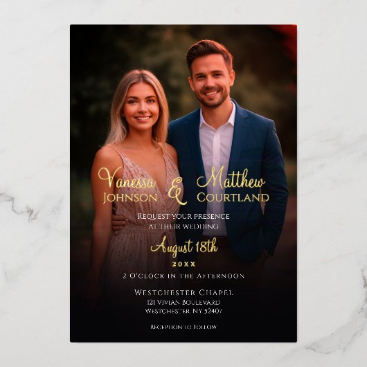 エレガント白黒写真モダンの結婚金ゴールド 箔招待状 (正面)