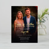 エレガント白黒写真モダンの結婚金ゴールド 箔招待状 (立ち正面)