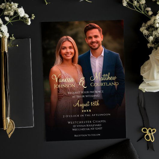 エレガント白黒写真モダンの結婚金ゴールド 箔招待状