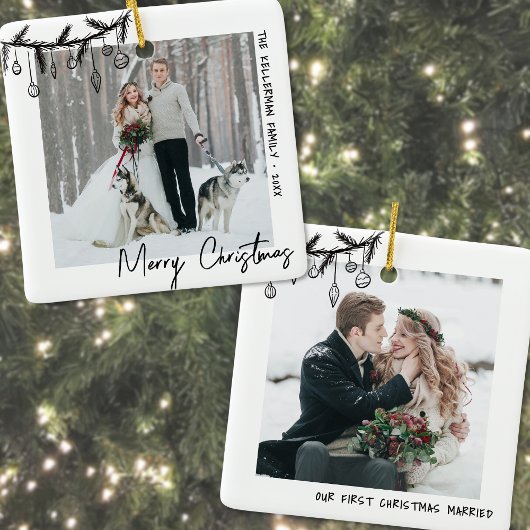 エレガント白黒初めてのクリスマス写真 セラミックオーナメント