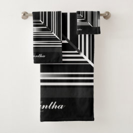 エレガント白黒及び銀幾何学方形 バスタオルセット