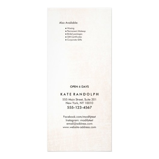 エレガント白黒大理石サロン価格表メニュー ラックカード (裏面)