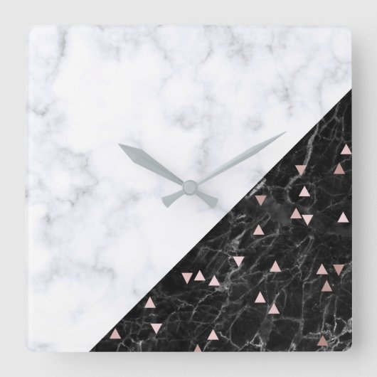 エレガント白黒大理石バラ金ゴールド幾何学 スクエア壁時計 (正面)