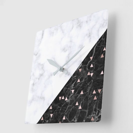 エレガント白黒大理石バラ金ゴールド幾何学 スクエア壁時計 (傾斜)