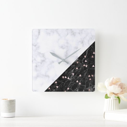 エレガント白黒大理石バラ金ゴールド幾何学 スクエア壁時計 (ホーム)