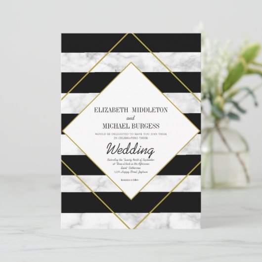 エレガント白黒大理石金ゴールド幾何結婚図形 招待状 (スタンド正面)