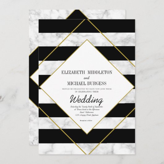 エレガント白黒大理石金ゴールド幾何結婚図形 招待状 (正面/裏面)