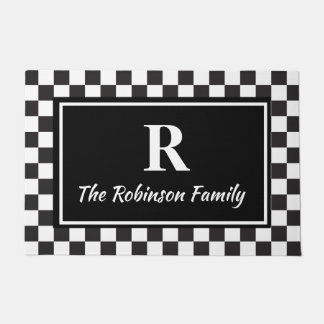 エレガント白黒市松模様にカスタムモノグラム ドアマット