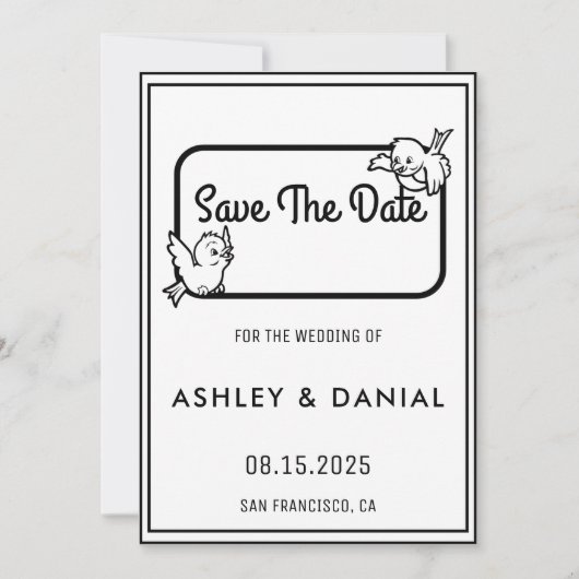 エレガント白黒枠の結婚式の日付の保存 招待状 (正面)