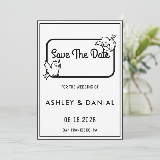 エレガント白黒枠の結婚式の日付の保存 招待状 (スタンド正面)