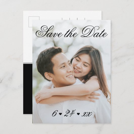 エレガント白黒結婚の写真の日付の保存 案内ポストカード (正面/裏面)
