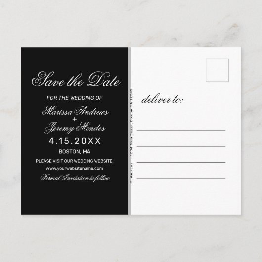 エレガント白黒結婚の写真の日付の保存 案内ポストカード (裏面)