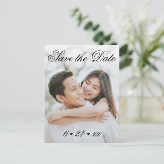 エレガント白黒結婚の写真の日付の保存 案内ポストカード (スタンド正面)