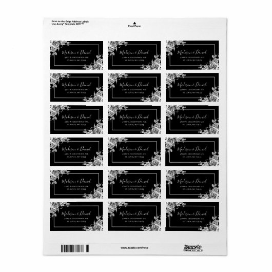 エレガント白黒結婚フローラ差出人住所 ラベル (フルシート)