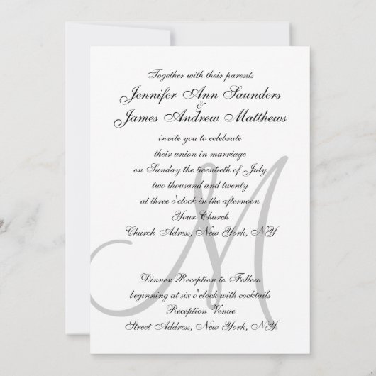 エレガント白黒結婚式招待状イニシャル 招待状 (裏面)