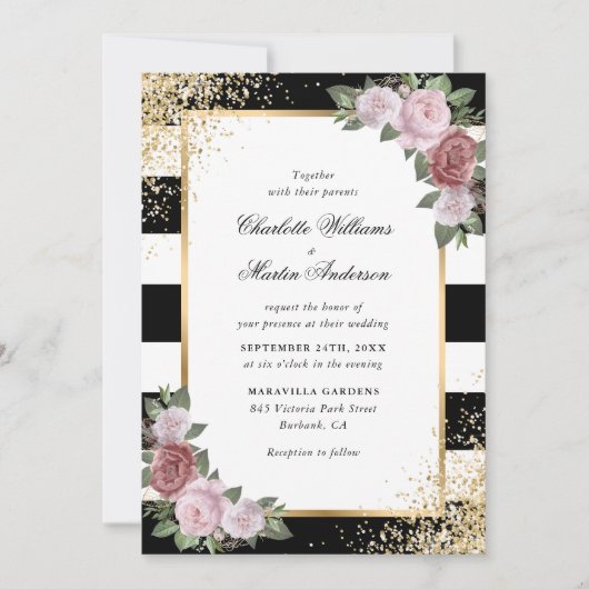 エレガント白黒赤面ピンク金ゴールド結婚ズ 招待状 (正面)