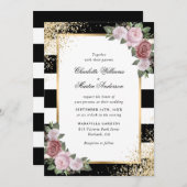 エレガント白黒赤面ピンク金ゴールド結婚ズ 招待状 (正面/裏面)