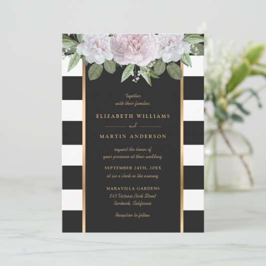 エレガント白黒金ゴールドストライプの赤面ピンクフローラ 招待状 (スタンド正面)