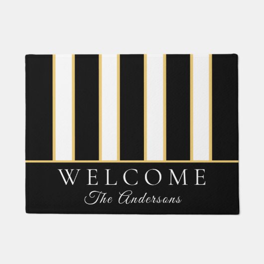 エレガント白黒金ゴールドストライプ歓迎 ドアマット (正面)