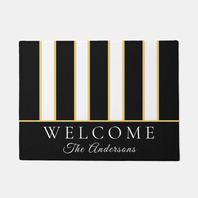 エレガント白黒金ゴールドストライプ歓迎 ドアマット (正面)