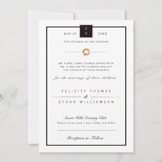エレガント白黒金ゴールドストライプ結婚式招待状 招待状 (正面)