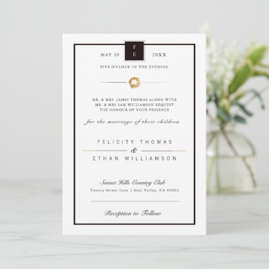 エレガント白黒金ゴールドストライプ結婚式招待状 招待状 (スタンド正面)