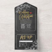 エレガント白黒金ゴールドフローラフレーム結婚式RSVP オールインワン招待状 (内側)
