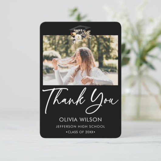 エレガント白黒金ゴールドフローラ卒業写真 サンキューカード (スタンド正面)