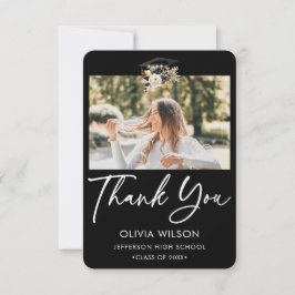 エレガント白黒金ゴールドフローラ卒業写真 サンキューカード