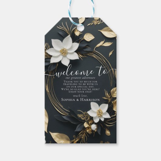 エレガント白黒金ゴールドフローラ結婚リース ギフトタグ (正面)