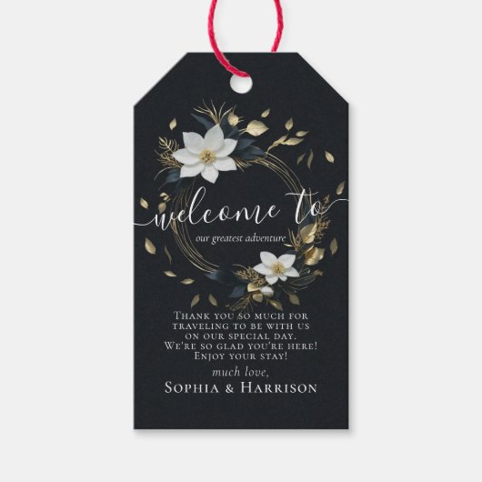 エレガント白黒金ゴールドフローラ結婚リース ギフトタグ (正面)