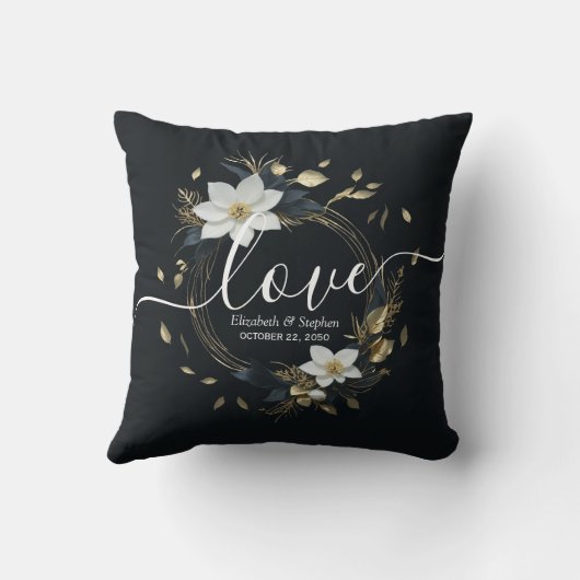 エレガント白黒金ゴールドフローラ結婚リース クッション (裏面)