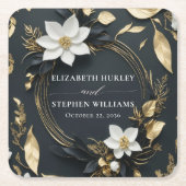 エレガント白黒金ゴールドフローラ結婚リース スクエアペーパーコースター (正面)