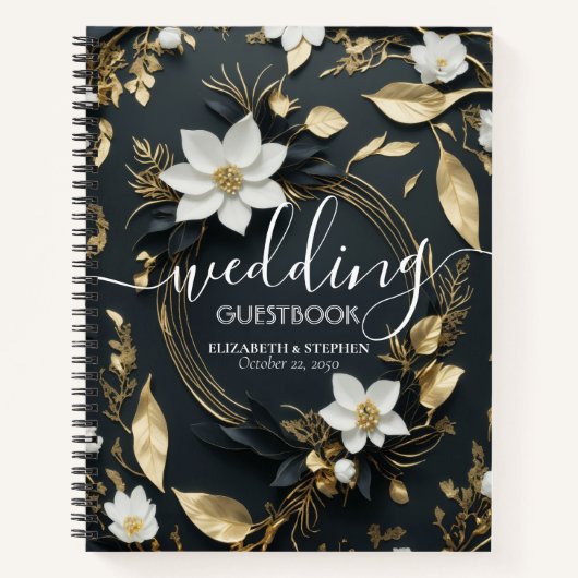 エレガント白黒金ゴールドフローラ結婚リース ノートブック (正面)