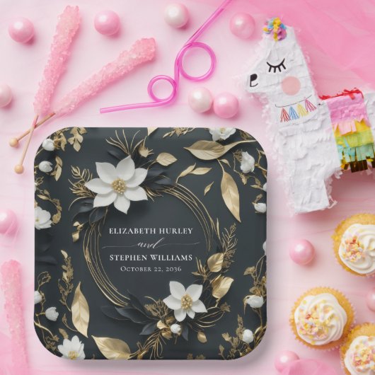 エレガント白黒金ゴールドフローラ結婚リース ペーパープレート (パーティー)