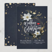 エレガント白黒金ゴールドフローラ結婚リース 招待状 (正面/裏面)