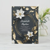 エレガント白黒金ゴールドフローラ結婚リース 招待状 (スタンド正面)